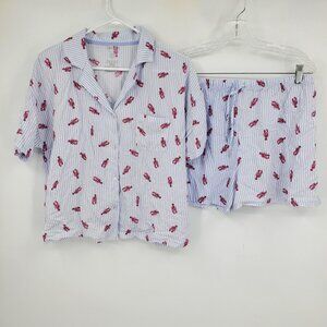 Jaclyn New York Blue Striped Novelty Lobster Print Short Pajama PJ Set Large